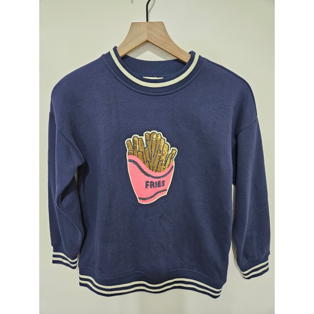 Honey & Sparkle Navy Blue Sequin French Fries Sweatshirt Varsity Trim K2DPTD268Z